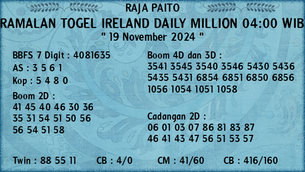 Prediksi Ireland Daily Million 04:00 WIB