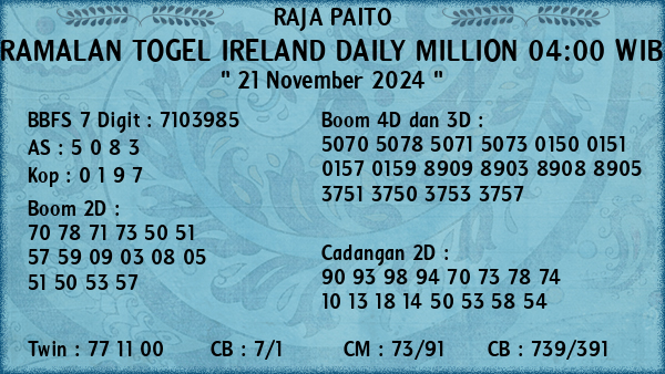 Prediksi Ireland Daily Million 04:00 WIB