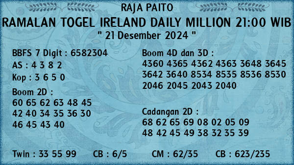 Prediksi Ireland Daily Million 21:00 WIB