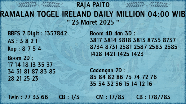 Prediksi Ireland Daily Million 04:00 WIB