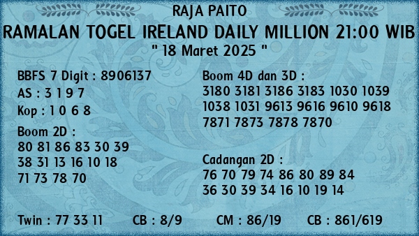 Prediksi Ireland Daily Million 21:00 WIB