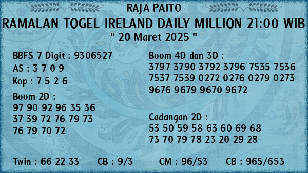 Prediksi Ireland Daily Million 21:00 WIB