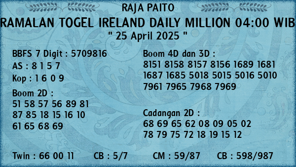 Prediksi Ireland Daily Million 04:00 WIB