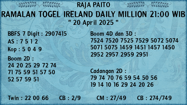 Prediksi Ireland Daily Million 21:00 WIB