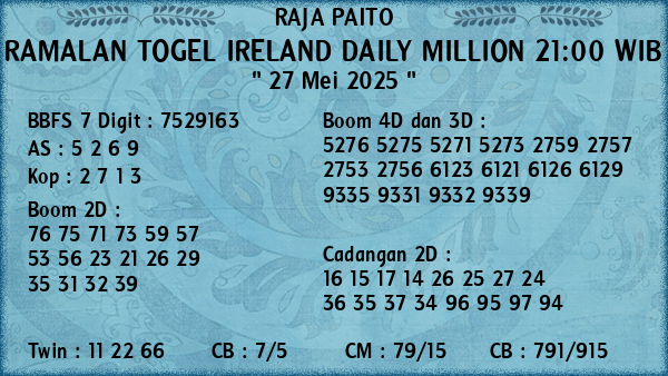 Prediksi Ireland Daily Million 21:00 WIB